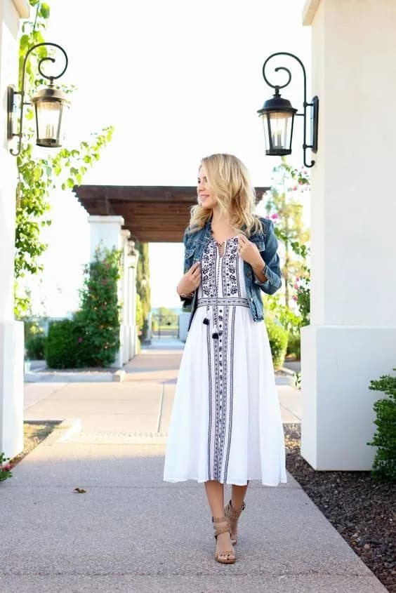 Denim Jacket and white Embroidered Dress