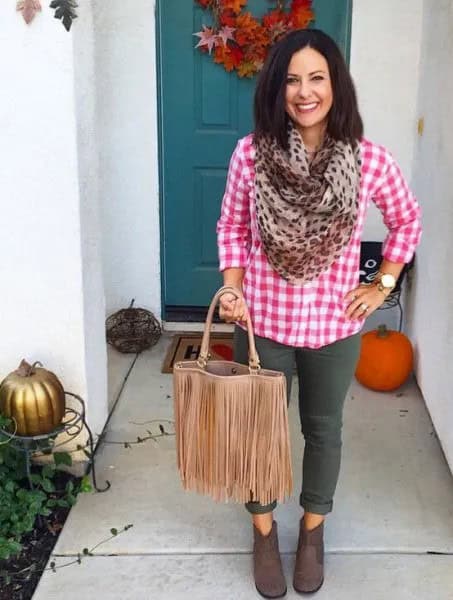 Leopard Printed Scarf with Grey Cuffed Skinny Jeans