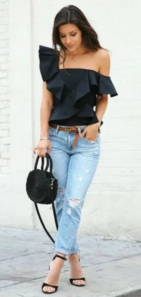 Black Ruffle Shoulder Strapless Blouse with Light Blue Slim Fit Jeans