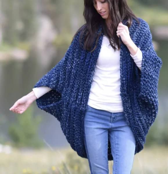 Blue Blanket Cardigan with White Tee & Mom Jeans