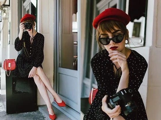 Black Polka Dot Fit and Flare Mini Dress with Red Suede Pointed Toe Kitten Heels