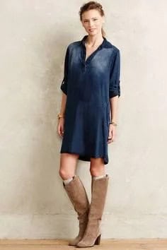 Dark Blue Half Sleeve Tunic with Camel Suede Knee High Boots