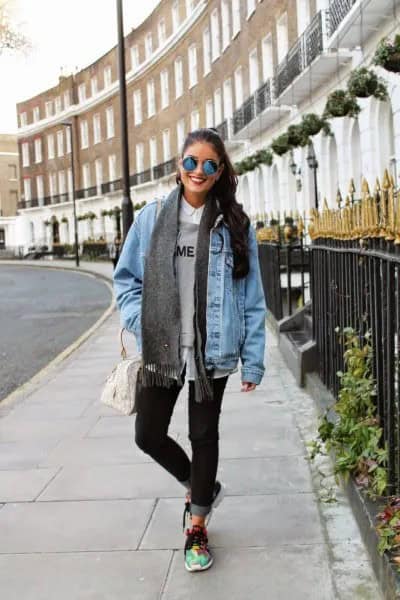 Blue Oversized Denim Motorcycle Jacket with Grey Pullover Sweater