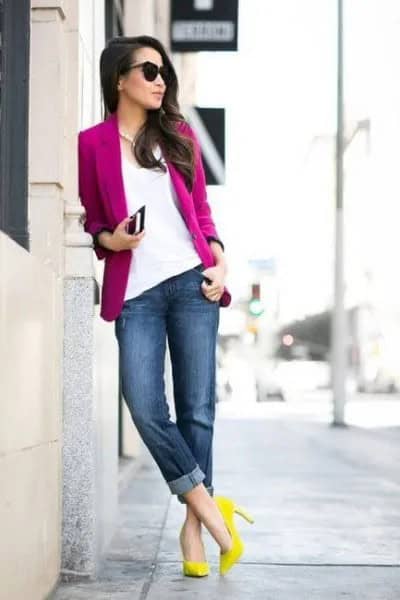 Hot Pink Blazer with White Blouse & Yellow Heels