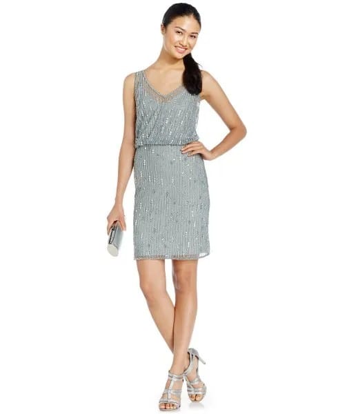 Grey Blouson Mini Dress with Silver Sequin Details