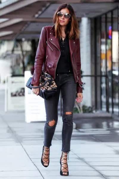 Burgundy Faux Leather Jacket with Dark Ripped Skinny Jeans