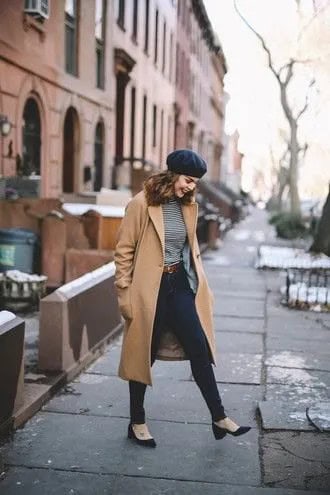 Black Hat with Long Camel Wool Coat