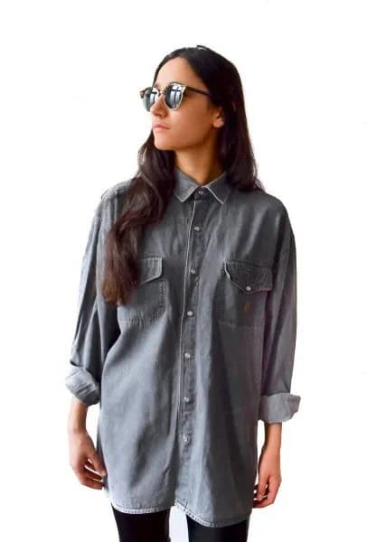 Oversized Grey Denim Shirt with Black Skinny Jeans