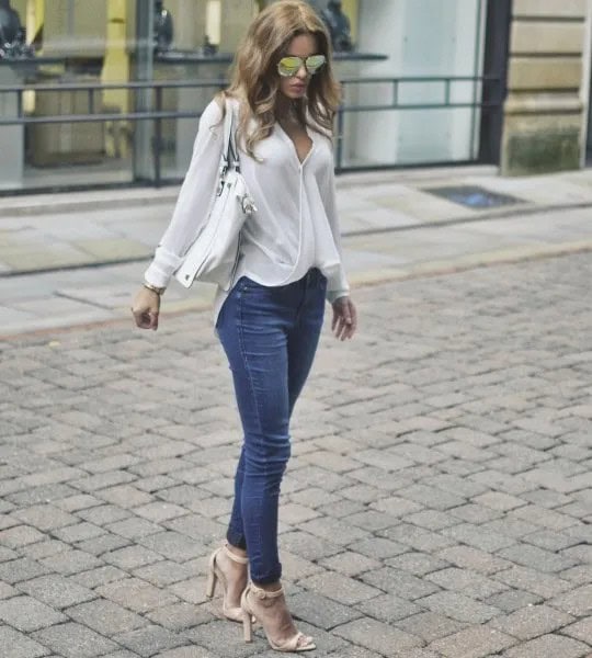 White Wrap Blouse with Blue Jeans & Pink Heels