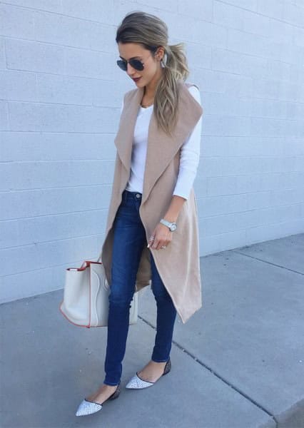 Blush Pink Wool Sleeveless Long Grey with White Top & Jeans