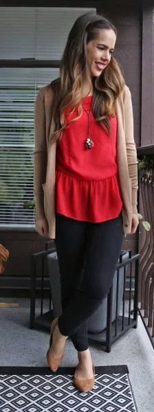 Red Blouse with Crepe Cardigan & Black Chiffon Skirt