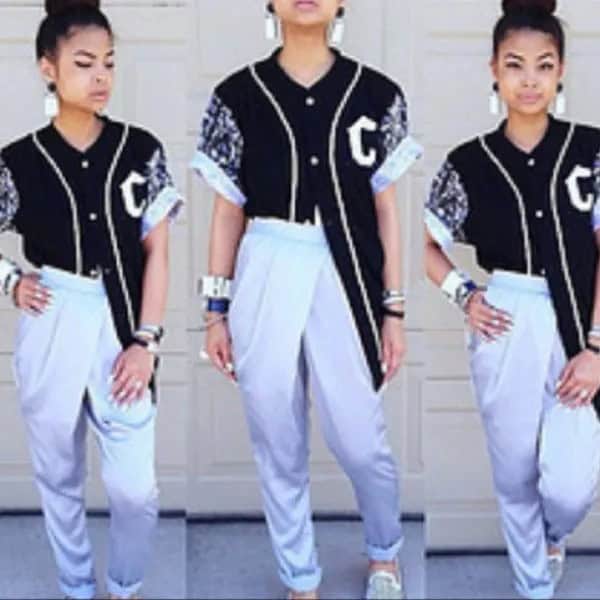 Black Oversized Baseball Jersey Shirt with White High Rise Cuffed Pants