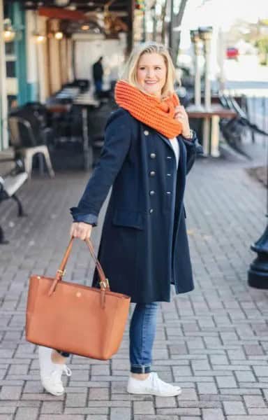 Navy Blue Longline Wool Coat with Jeans & White Sneakers