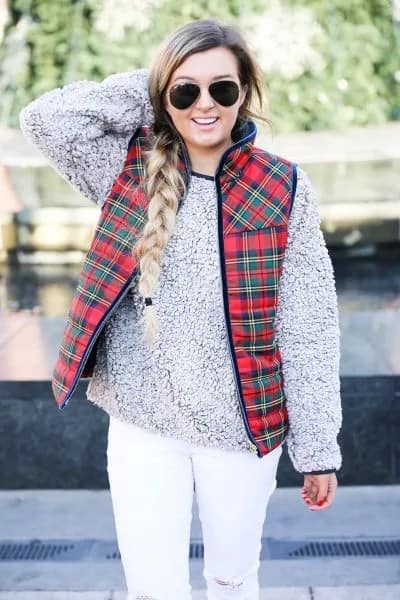 Red Plaid Vest with Grey Teddy Sweater