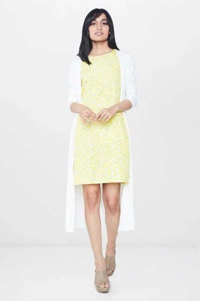 White Midi Shrug with Pale Yellow Mini Sheath Dress