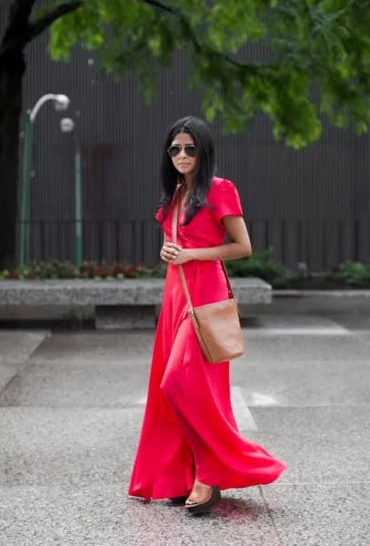 Red Short Sleeve Floor Length Flowy Dress