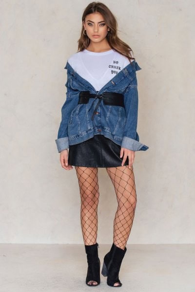 Wear with Tie Waist Denim Jacket and Leather Skirt