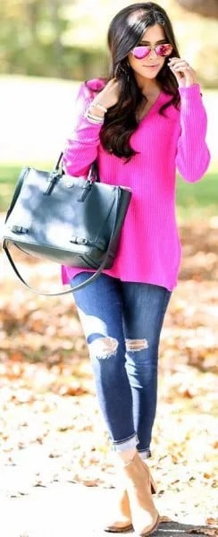 Pink Long Sweater with Ripped Skinny Jeans