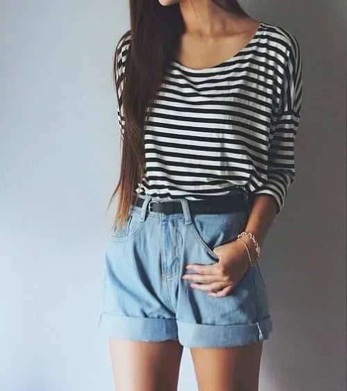 Black and White Striped Scoop Neck Tee with Light Blue Unwashed High Rise Shorts