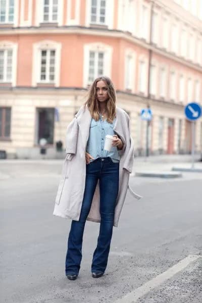 White Long Wool Coat with Light Blue Chambray Shirt & Dark Blue Flare Jeans