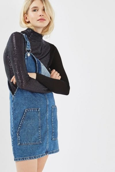 Black Mock Neck Glitter Long Sleeve Top with Blue Denim Pinafore Dress