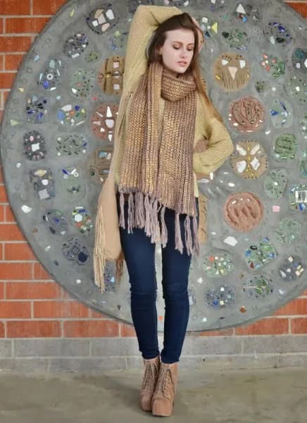 Gold Fringe Scarf with Green Sweater & Dark Blue Skinny Jeans