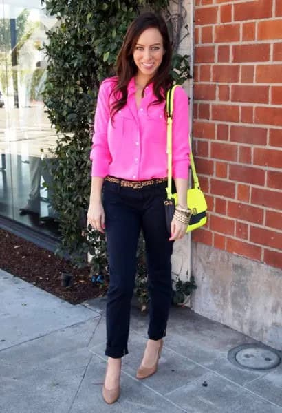 Hot Pink Blouse with Black Cropped Chinos