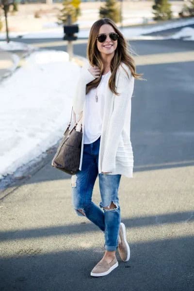 White Cardigan with Blue Ripped Cuffed Jeans & Grey Slip On Walking Shoes