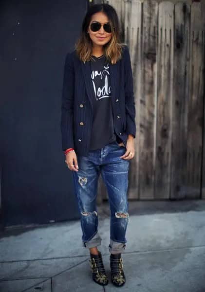 Wear with Black Print Tee & Ripped Blue Boyfriend Jeans