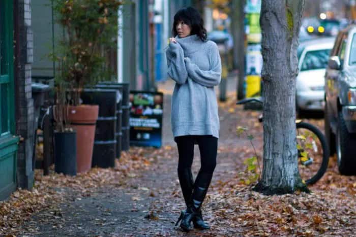 Grey Mock Neck Chunky Tunic Sweater with Black Leggings & Leather Knee High Boots