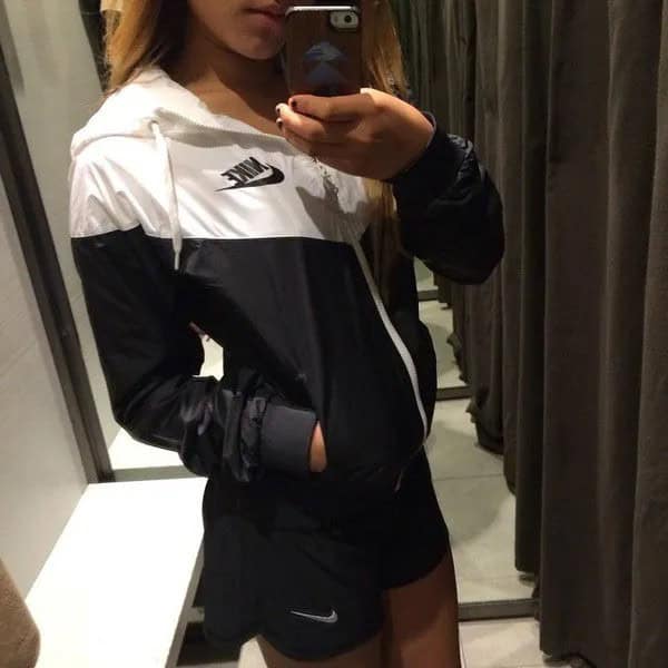 Black and White Oversized Windbreaker with Mini Running Shorts