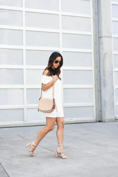 White Off The Shoulder Mini Shift Dress with Pink Strappy Heels