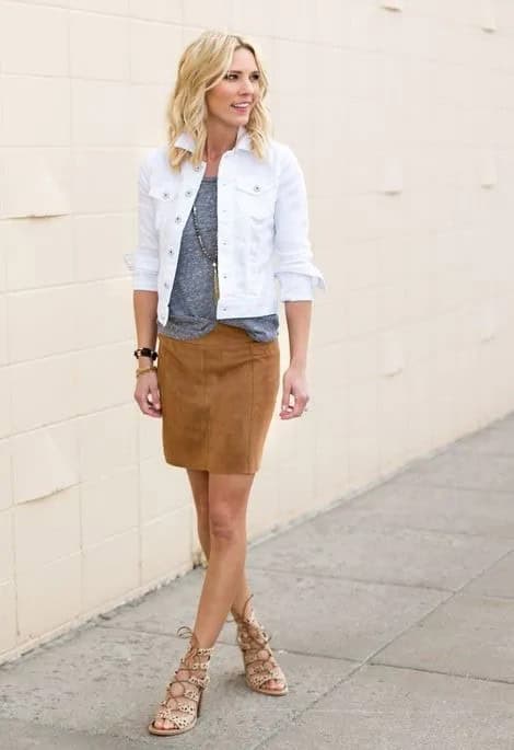 White Denim Jacket + Brown Suede Skirt