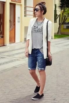 White Casual Blazer with Grey Graphic Tee & Denim Shorts