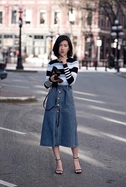 Black, Grey and  White Striped Sweater with Blue Midi Button Front Skirt