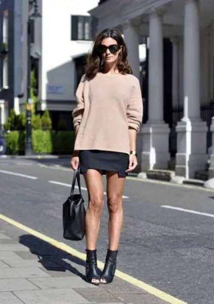 Blush Pink Chunky Sweater with Black Mini Skirt & Open Toe Leather Ankle Boots