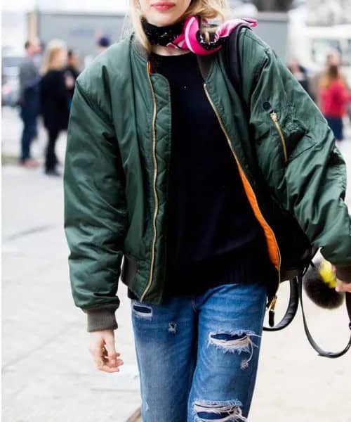 Dark Grey Flight Jacket with Ripped Jeans & Black Choker