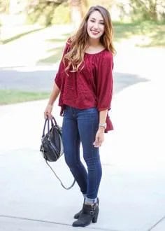 Red Three Quarter Sleeve Blouse with Cuffed Jeans