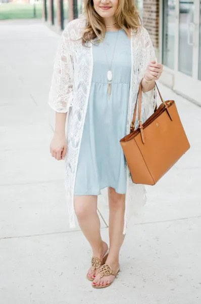 Light Blue Gathered Waist Knee Length Dress with White Kimono