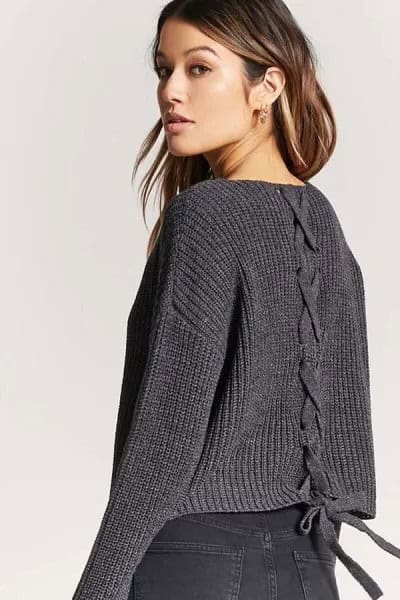 Dark Grey V Neck Ribbed Lace Up Sweater