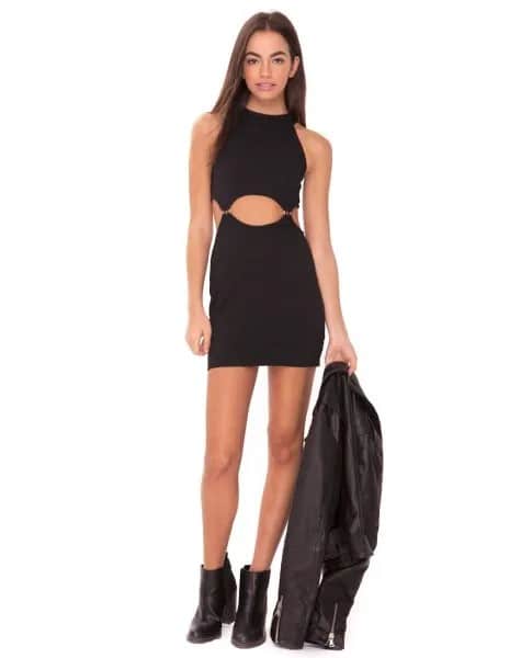 Black Bodycon Cutout Mini Dress with Leather Jacket