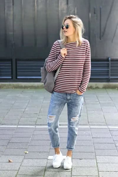 Black and White Horizontal Striped Long Sleeve T Shirt with Light Blue Boyfriend Jeans