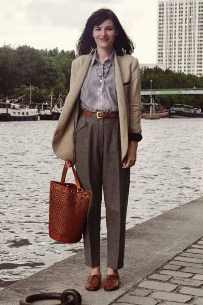 Crepe Wool Coat with Grey Tweed Pants & Striped Shirt