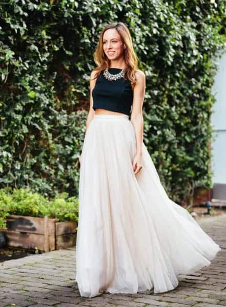 Black Cropped Sleeveless Top with Blush Pink Long Chiffon Skirt