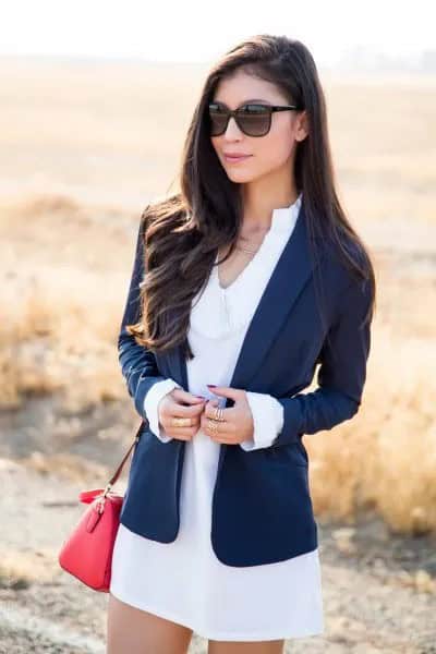 Navy Blazer with White Mini Dress