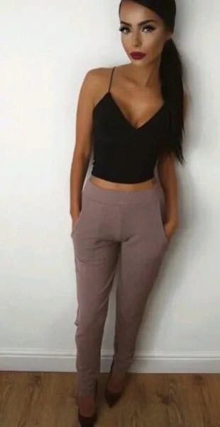 Black Cropped Deep V Neck Vest Top with Grey High Waisted Dress Pants