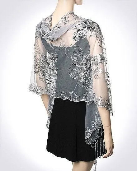 Silver Lace Embroidered Shawl with Black Shift Dress