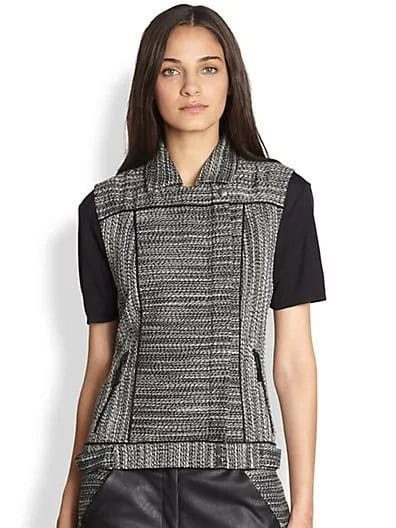 Heather Grey Tweed Vest with Black Leather Pants