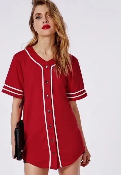 Red Button Up Tunic Baseball Jersey Shirt with Black Mini Shorts