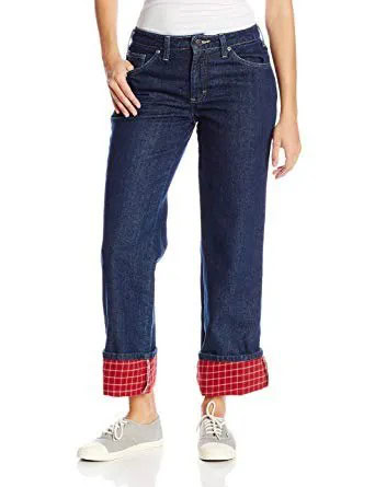 White Form Fitting Top with Blue and Red Flannel Lined Cuffed Jeans